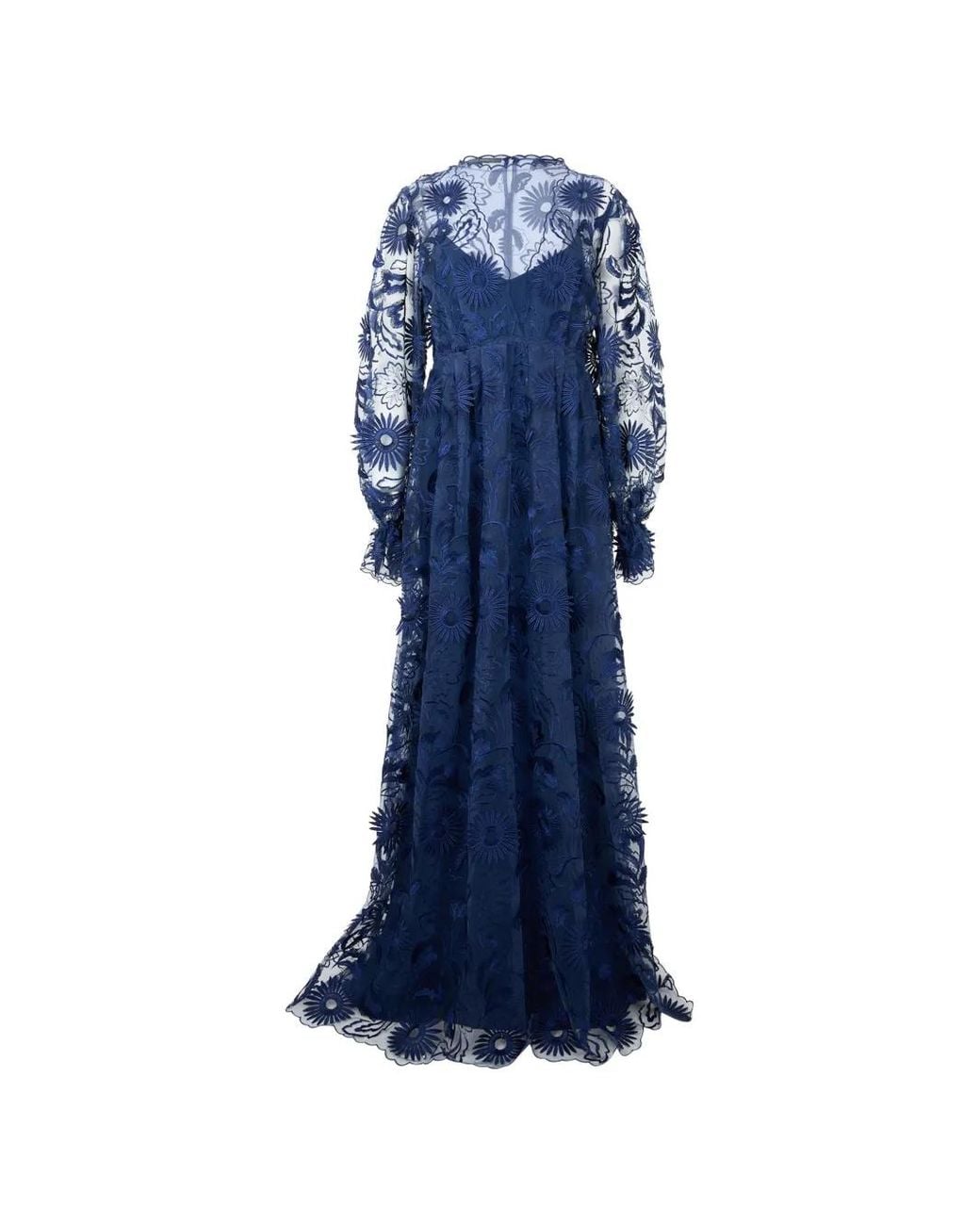 Alberta Ferretti Blue Floral-Embroidered Long-Sleeve Maxi Dress