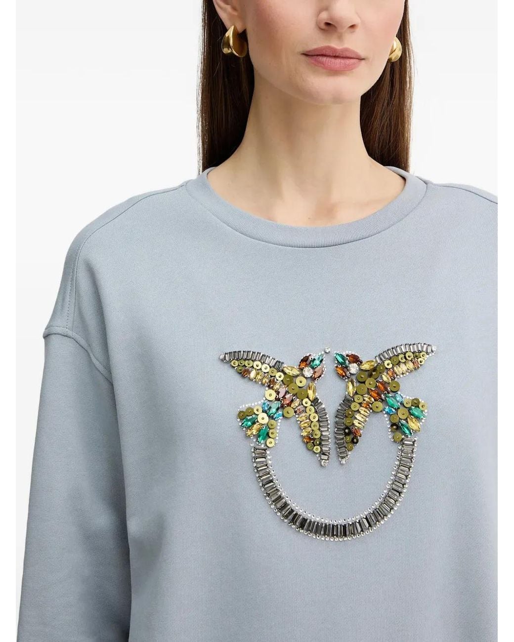 Pinko Blue Sweatshirt With Love Birds Jewel Maxi Embroidery