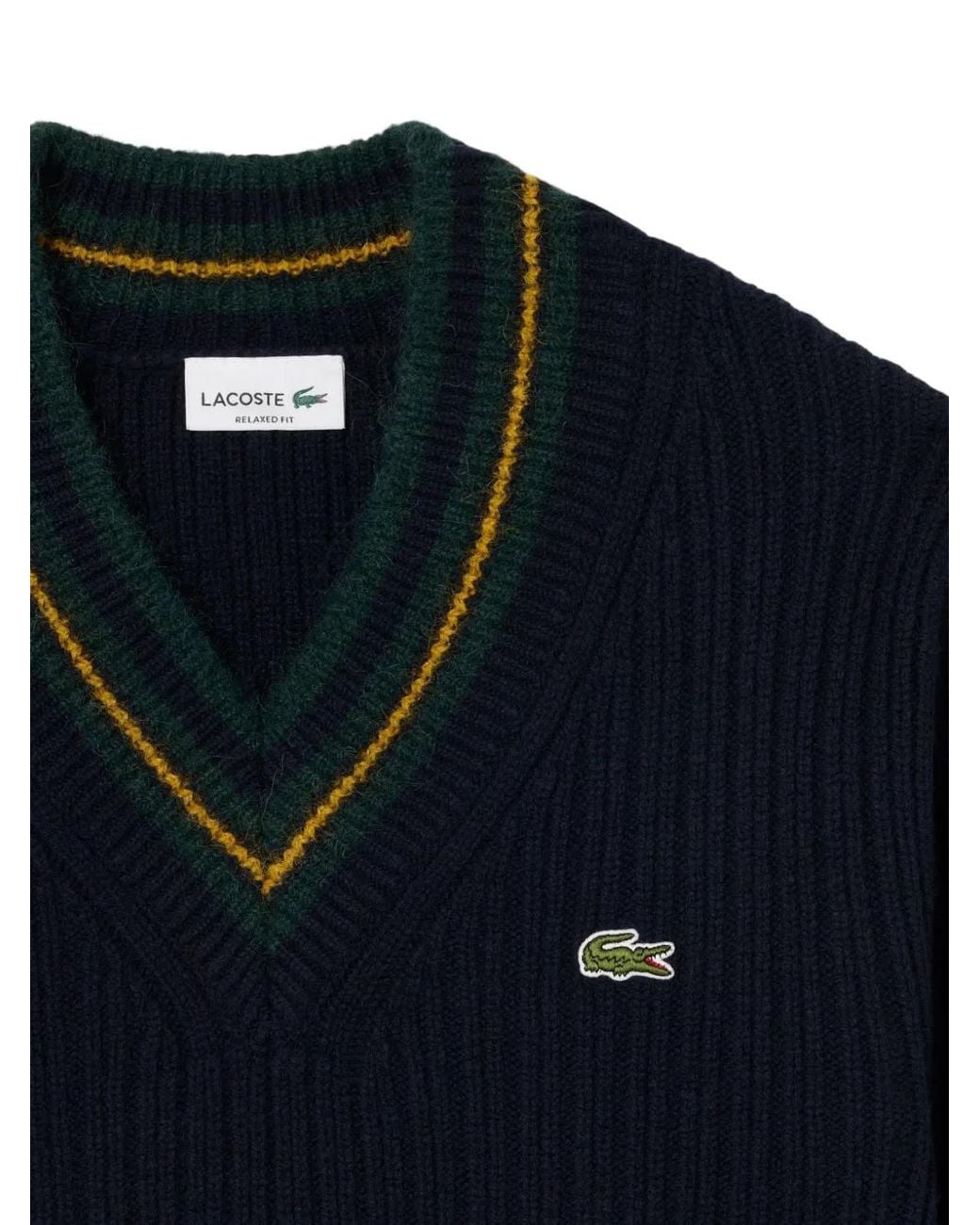 Lacoste Blue Striped Wool Sweater With V-Neck for men