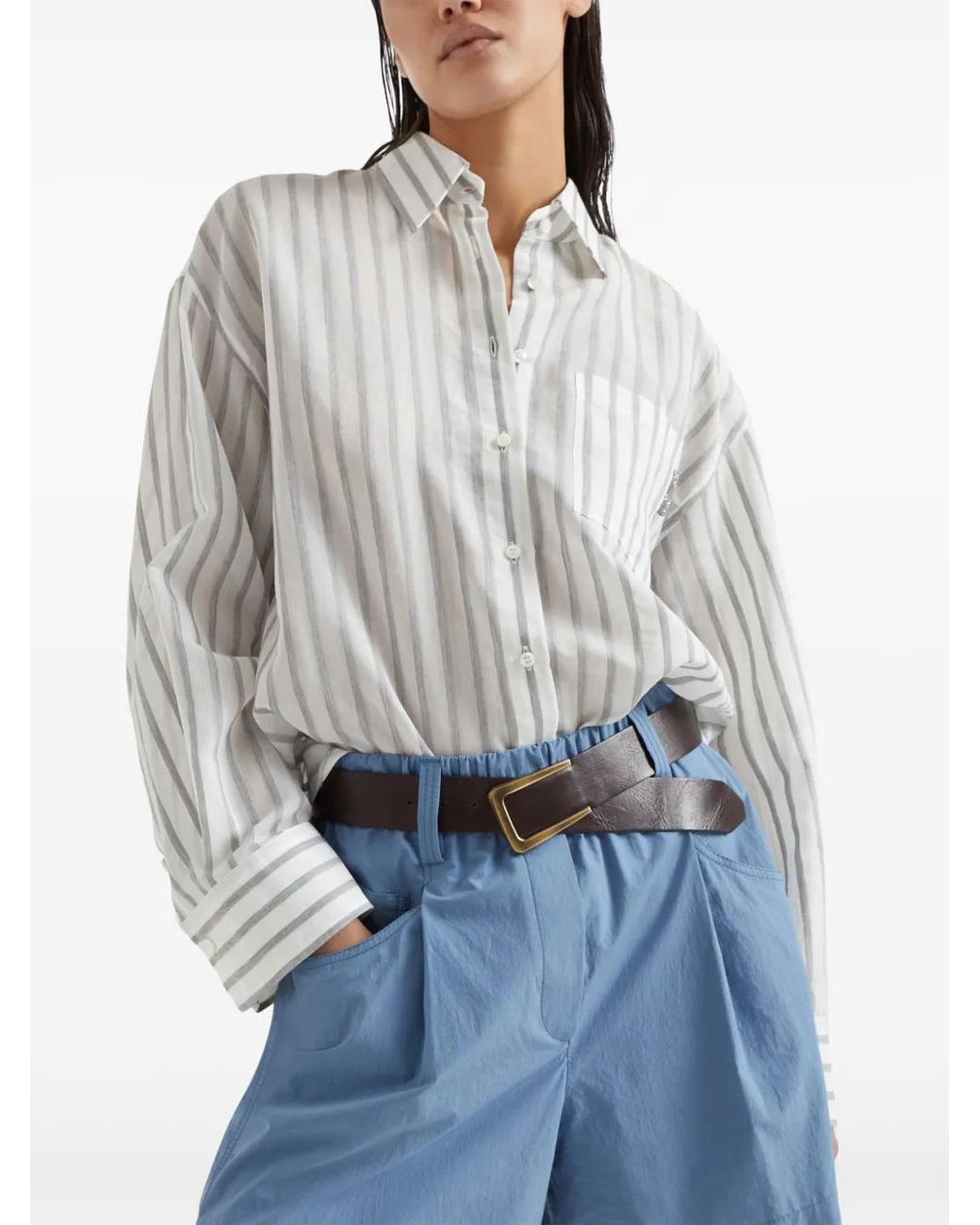 Brunello Cucinelli White Striped Long-Sleeve Shirt