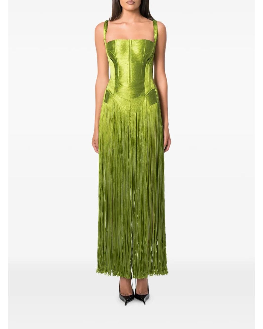 NORINA ST Green Swan Fringe-Trim Corset Maxi Dress