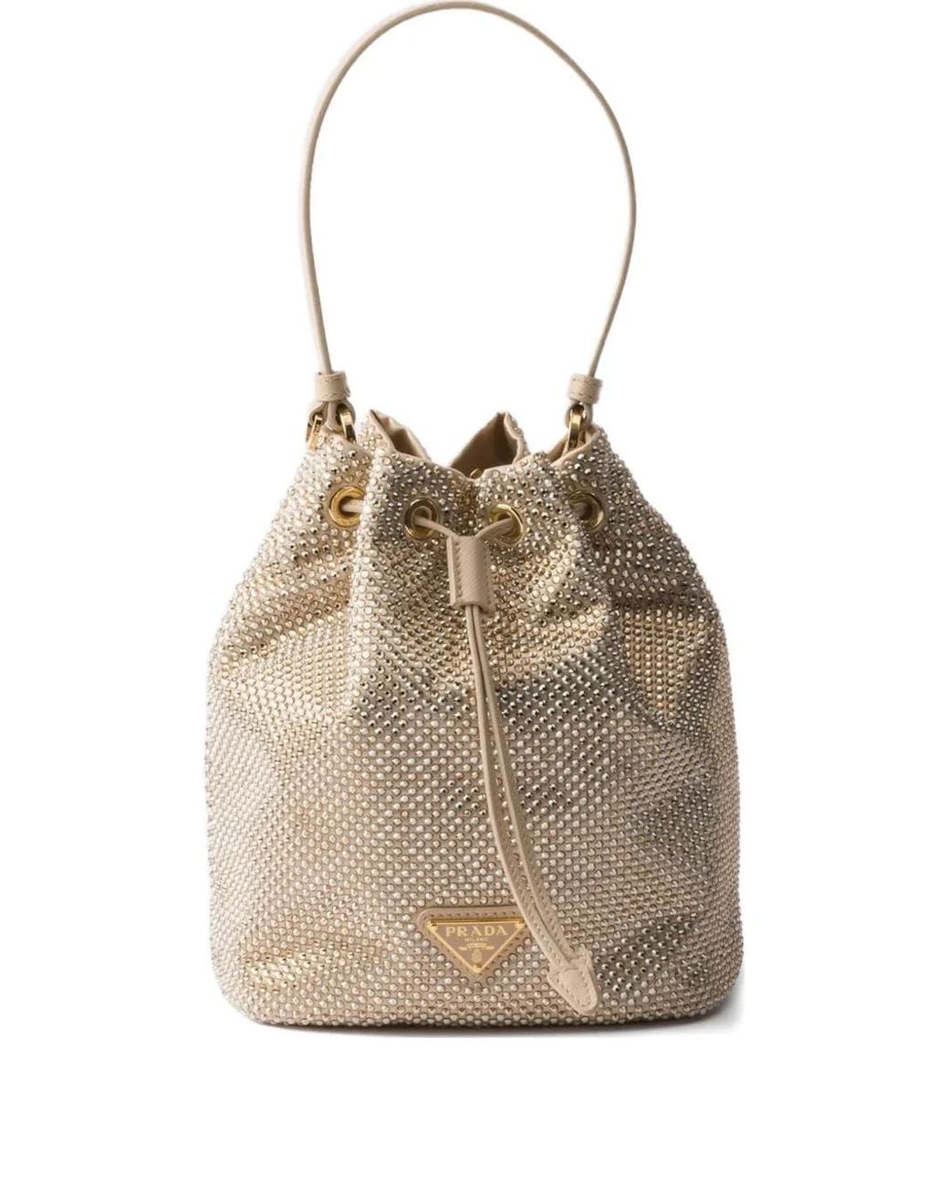 Prada Natural Mini Crystal-Embellished Drawstring Bucket Bag