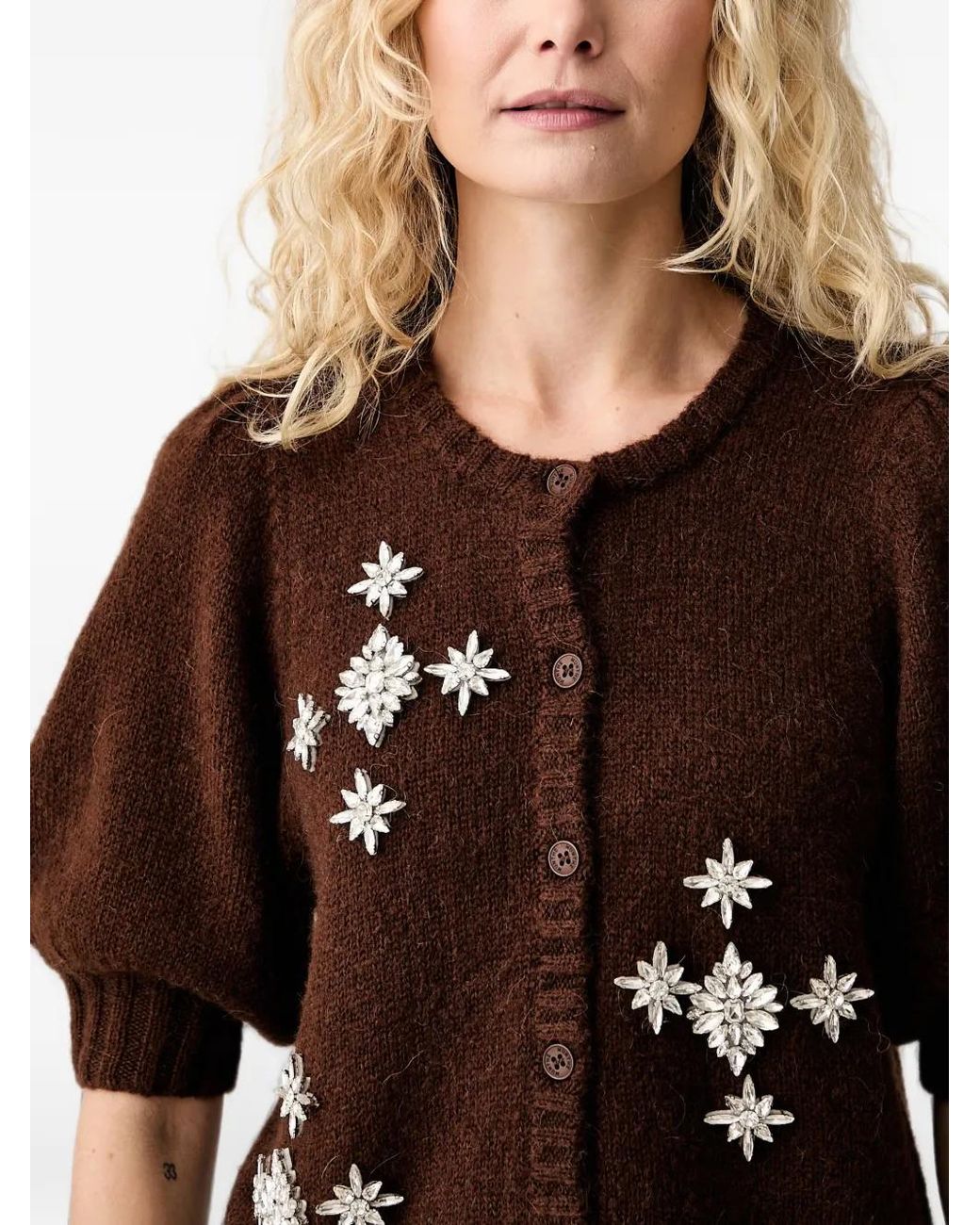 Munthe Brown Vocca Crystal-Embellished Puff-Sleeve Cardigan