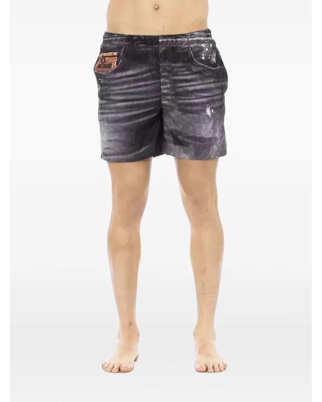 Just Cavalli Blue Denim-Print Swim Shorts for men