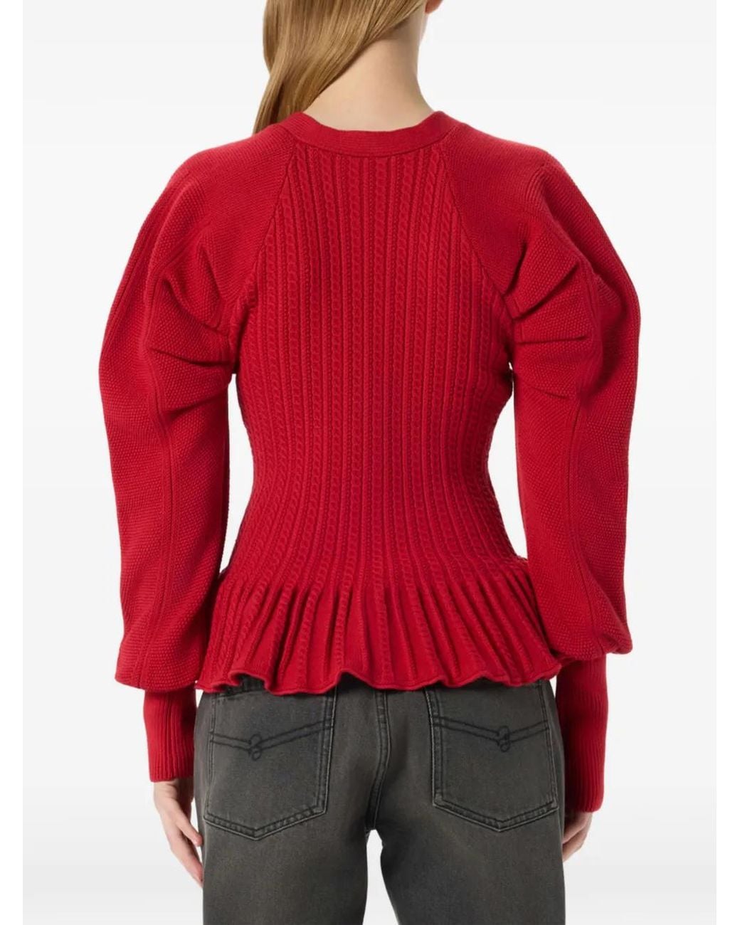 Blumarine Red Cable-Knit Peplum Cardigan