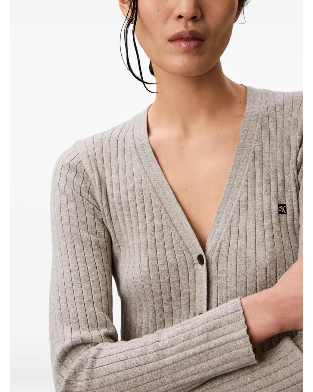 Calvin Klein Gray Ribbed-Knit Logo-Patch Cardigan