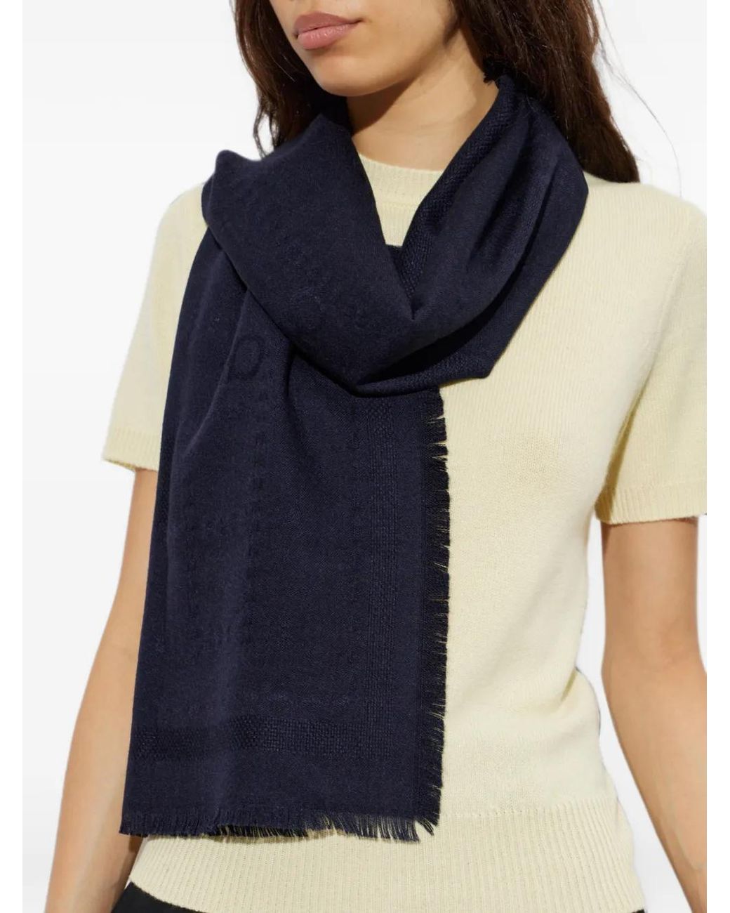 Ferragamo Blue Gancini Jacquard Fringed Scarf