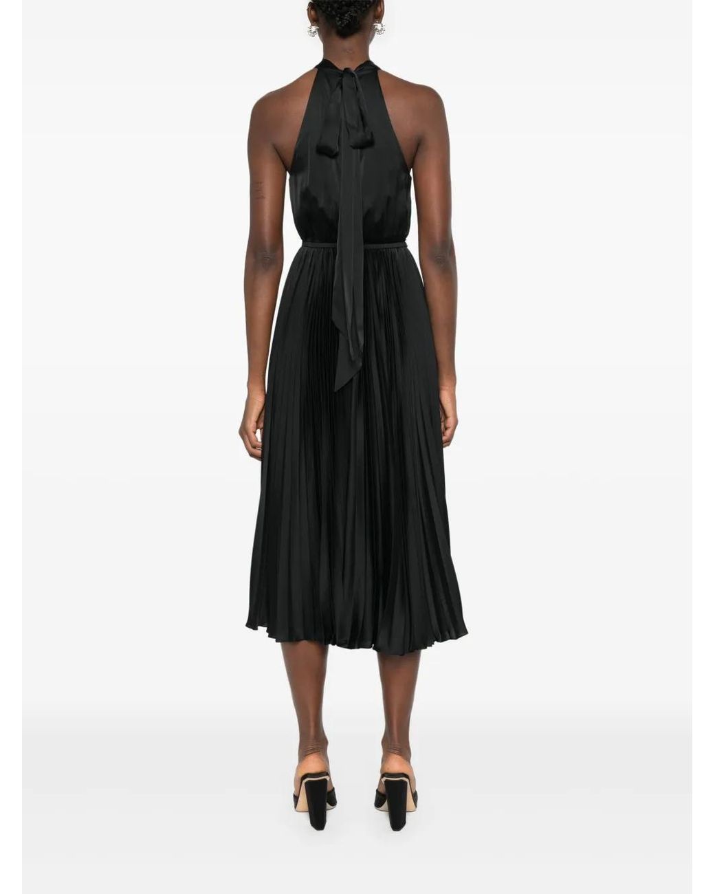 Nissa Black Pleated Satin Midi Dress
