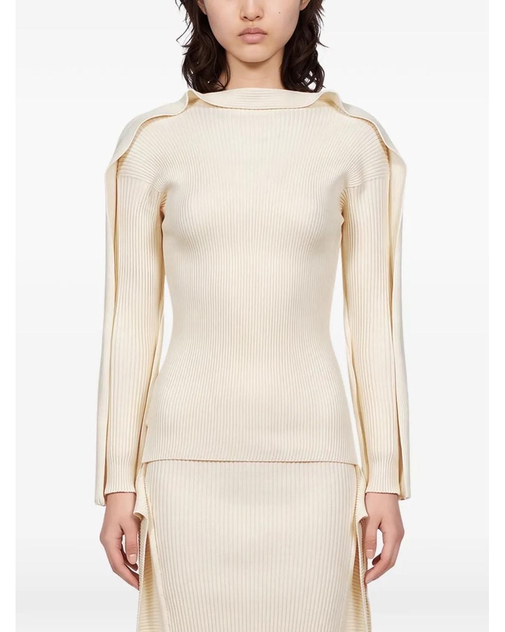Issey Miyake Natural Ribbed-Knit Ruffled Top