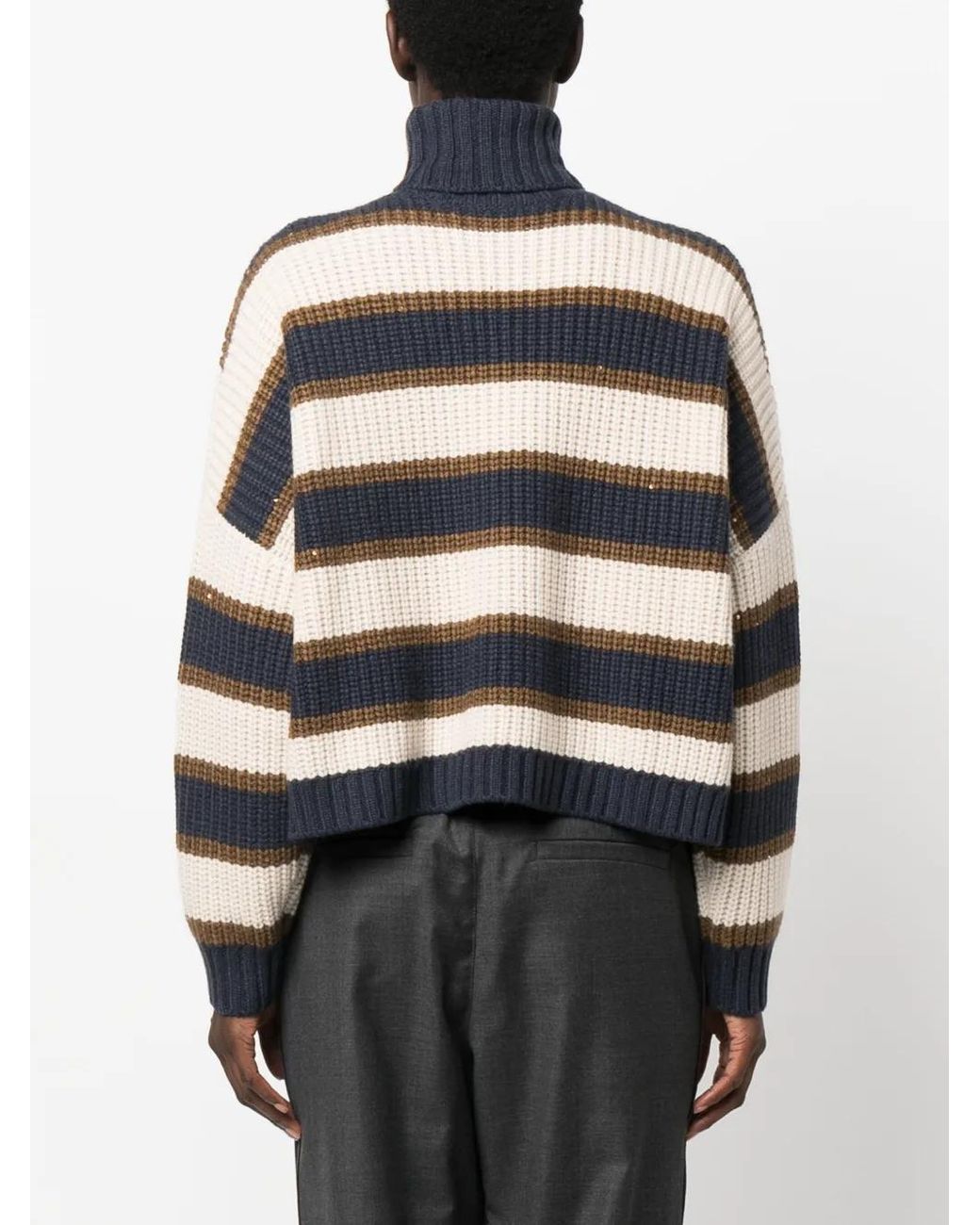 Brunello Cucinelli Black Striped Roll-Neck Waffle-Knit Jumper