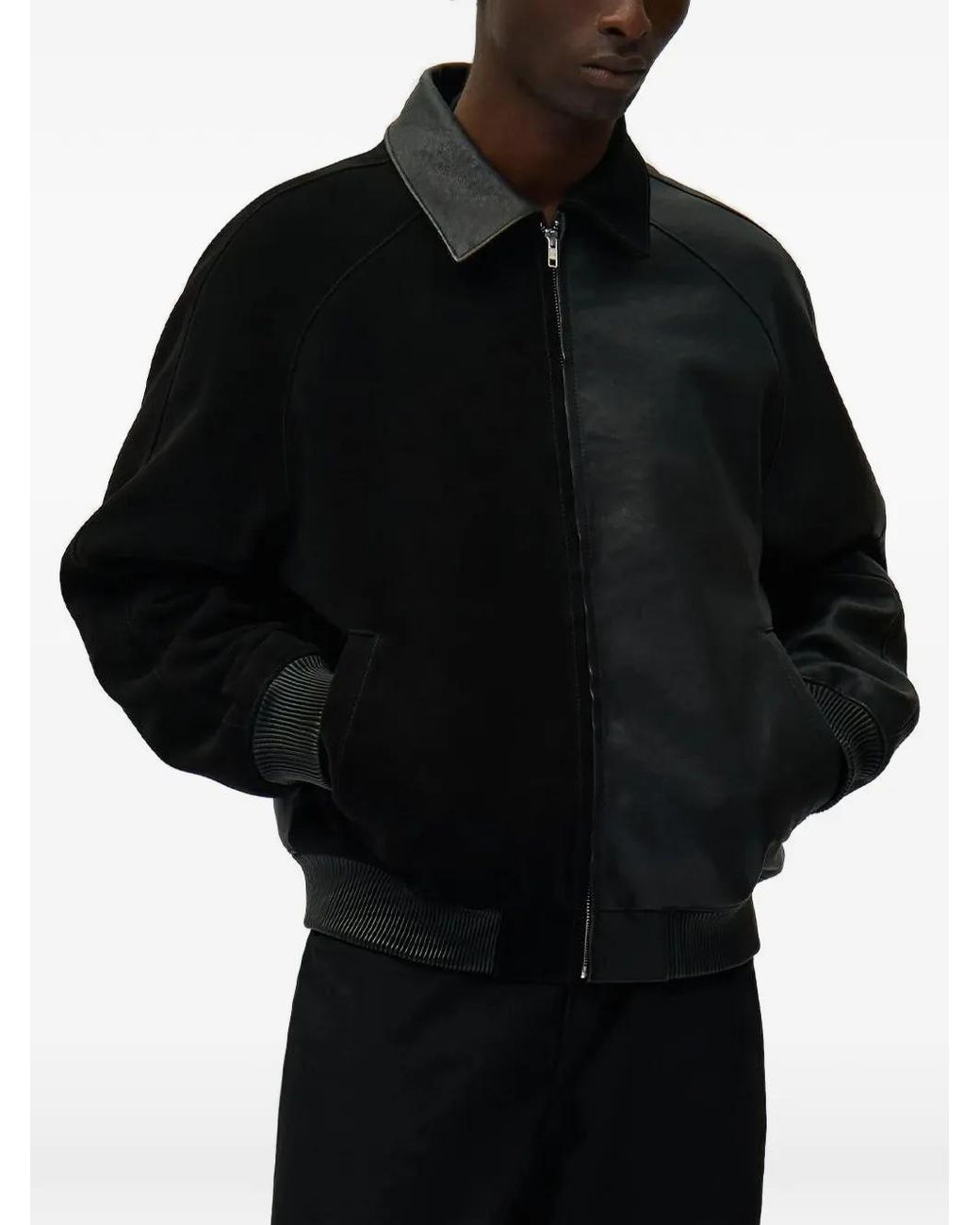 Arte' Black Logo-Patch Panelled Leather Jacket