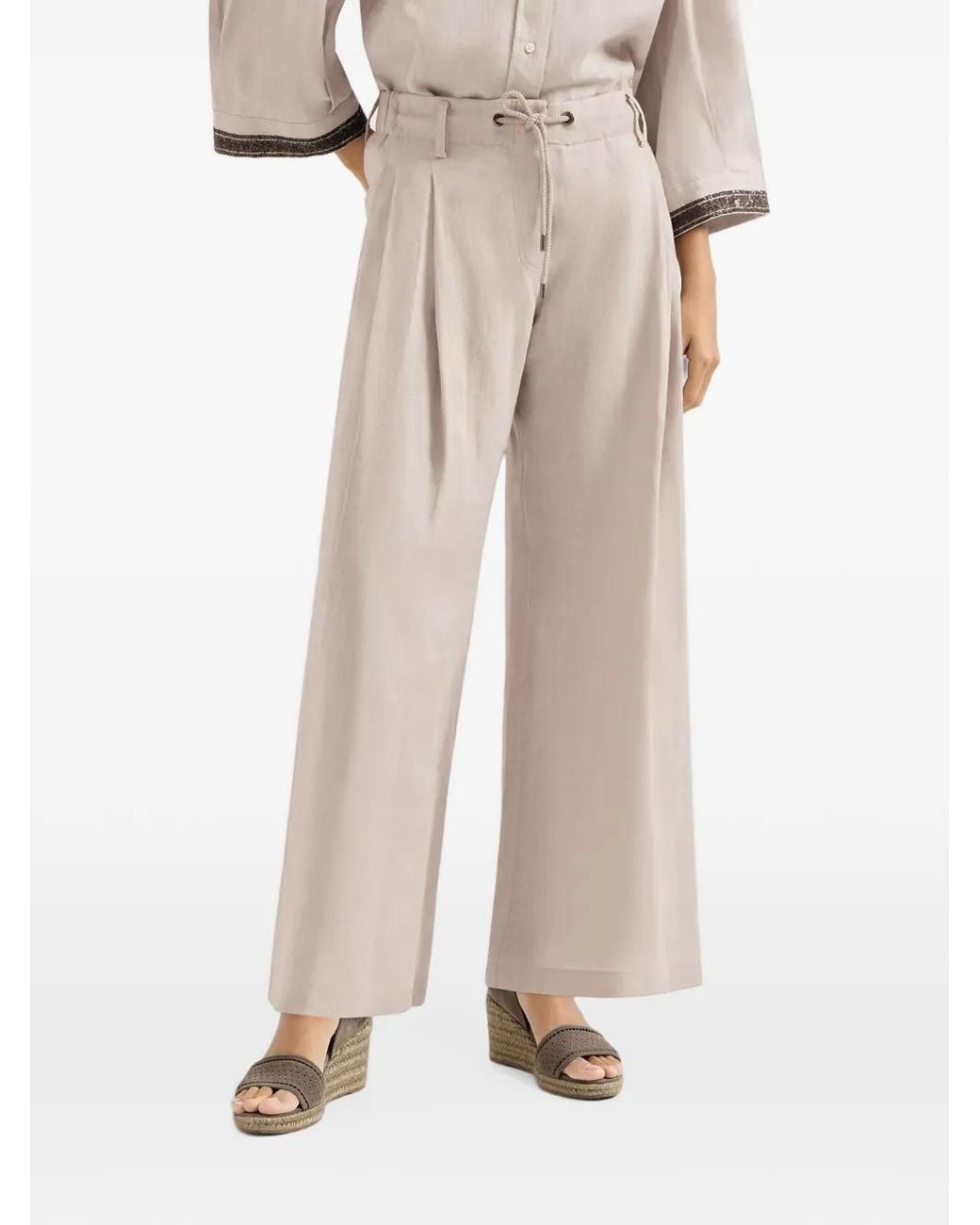 Brunello Cucinelli Natural Linen Trousers With Drawstring And Monili