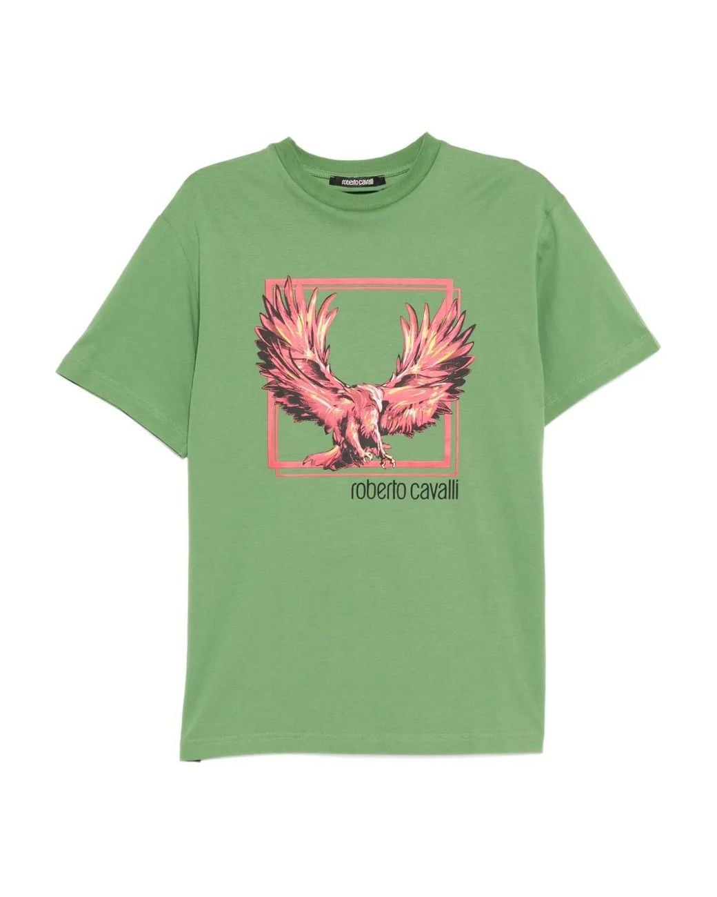 Roberto Cavalli Green Graphic-Print Cotton T-Shirt for men