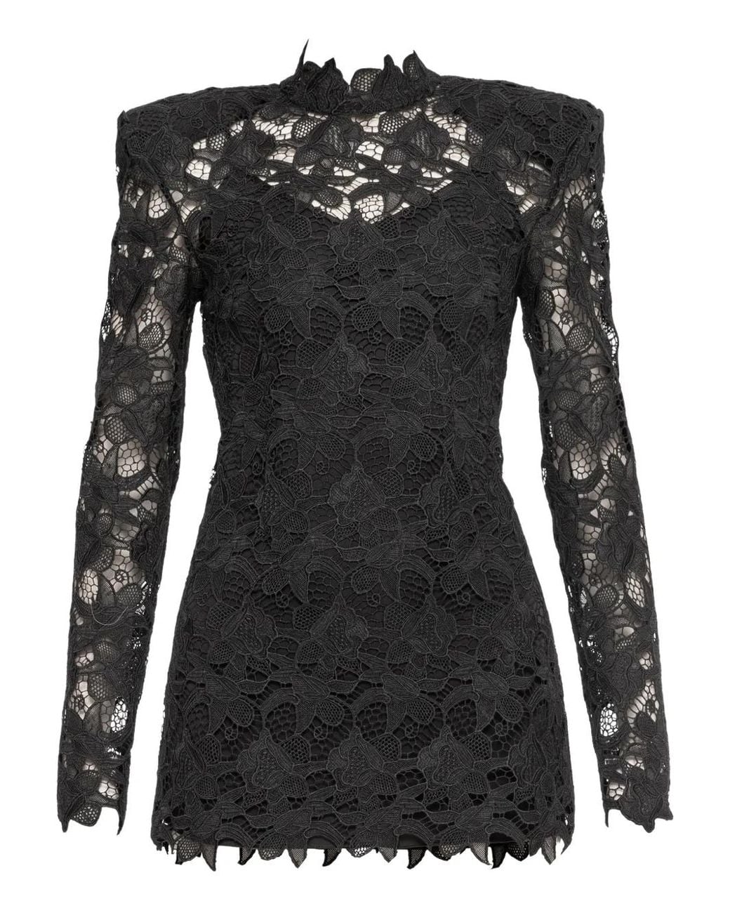 Nissa Black Shoulder-Pads Lace Mini Dress