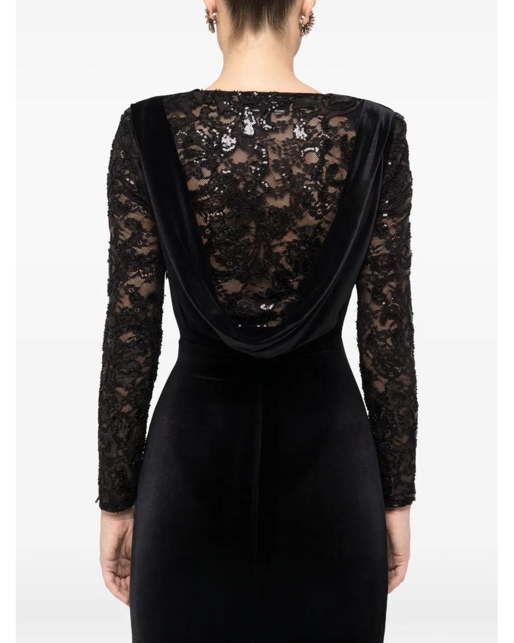 Nissa Black Lace-Insert Velvet Midi Dress