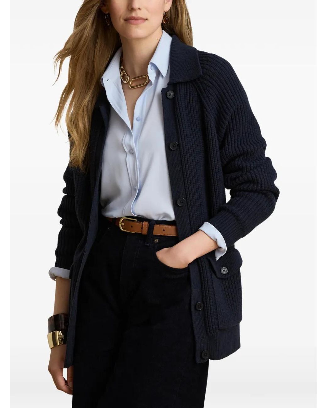 Ralph Lauren Blue Ribbed-Knit Flap-Pocket Cardigan
