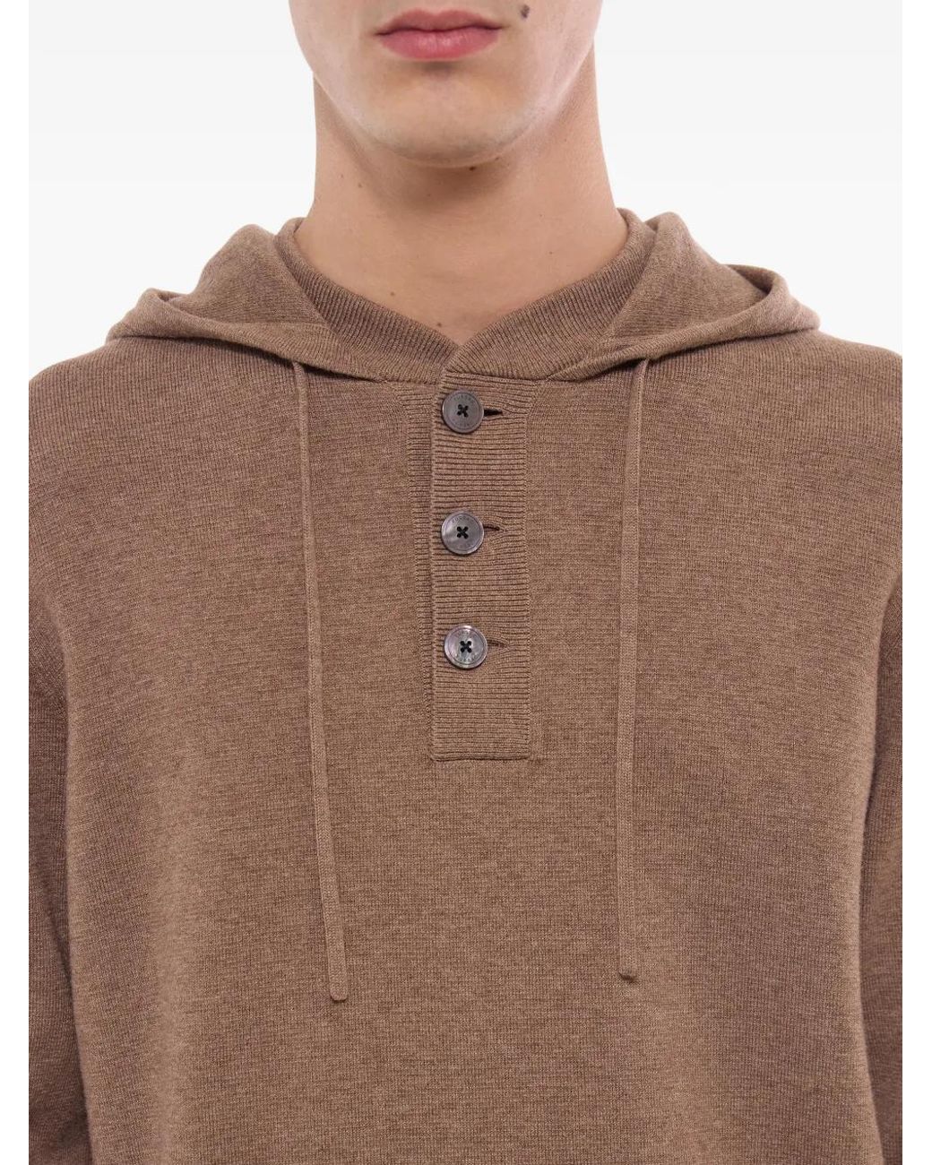 Fursac Brown Button-Placket Knitted Hoodie for men
