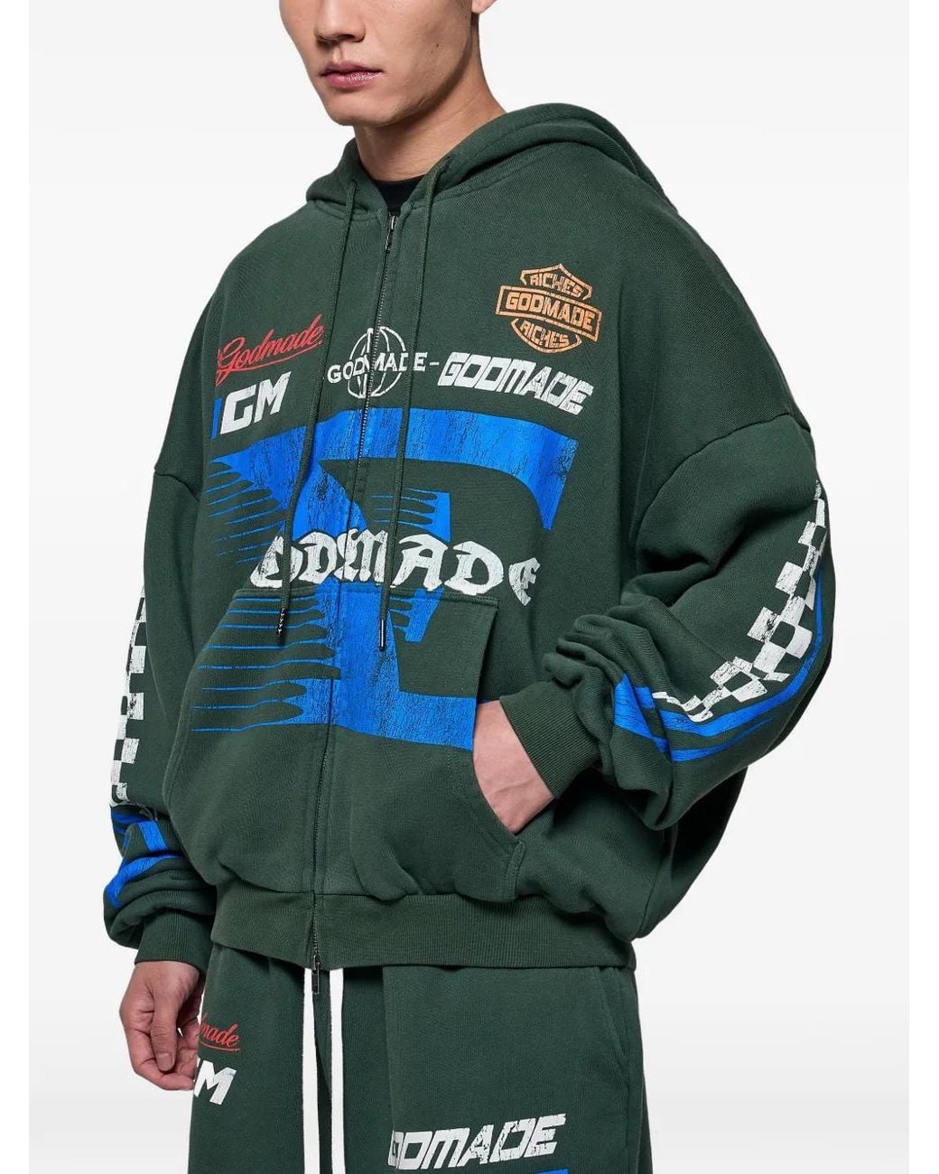 GODMADE Green 7 Speed Logo-Print Zip-Up Hoodie for men