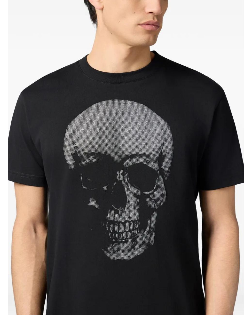 Philipp Plein Black Round Neck T-Shirt Glitter Skull for men