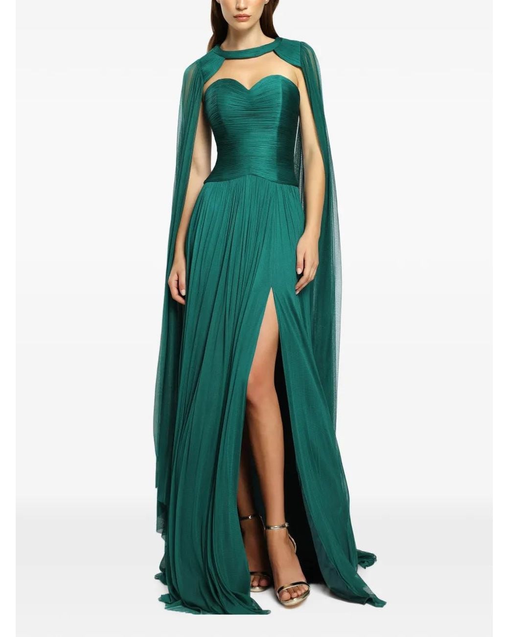 Cristallini Green Robe Longue Plissée À Détail De Cape Nova