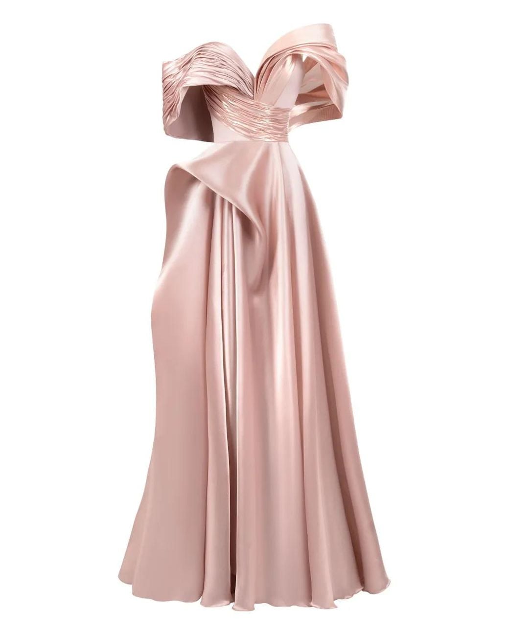 Gaby Charbachy Pink Pleated Off-Shoulder Evening Gown