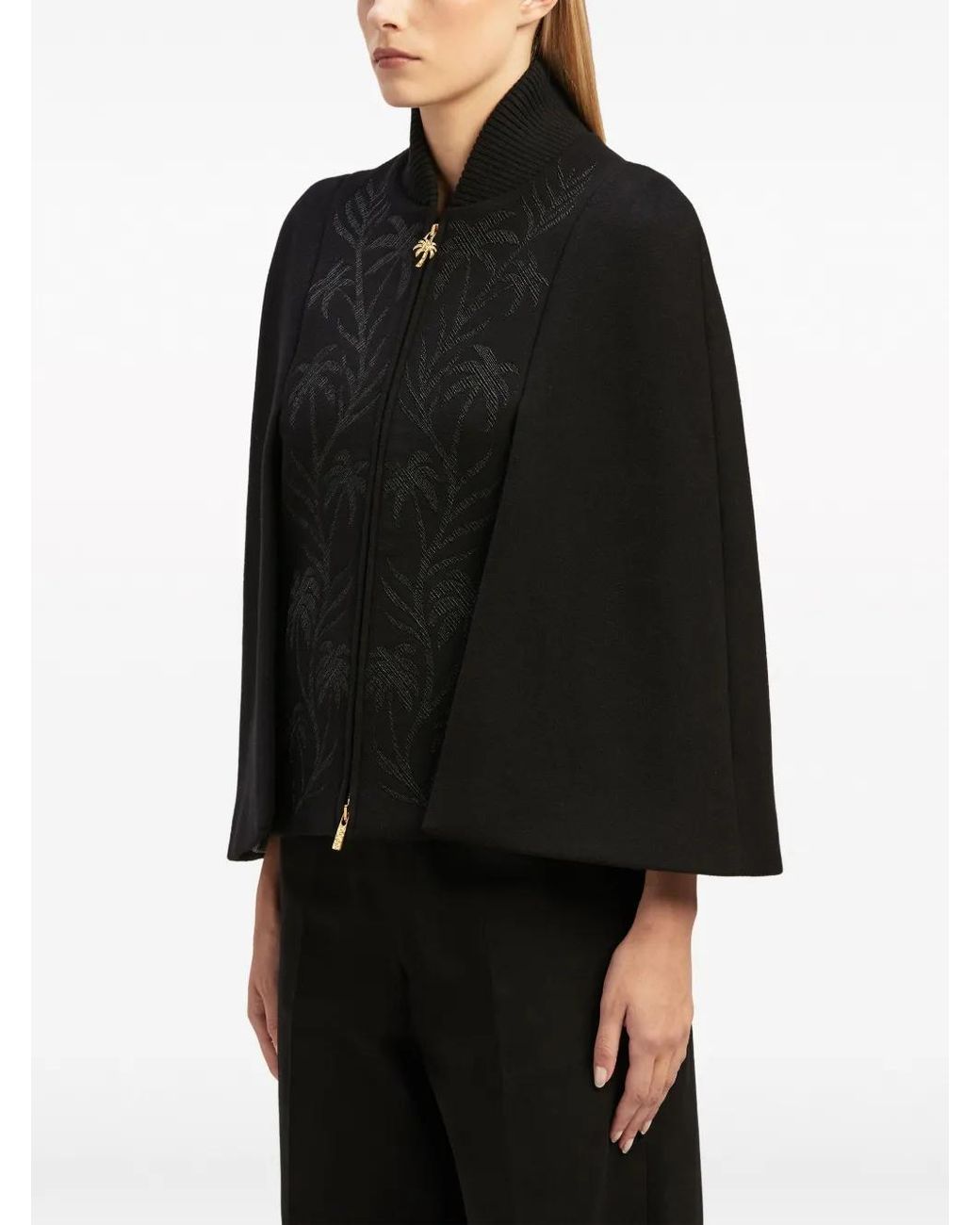Palm Angels Black Palm-Embroidered Zip-Up Cape