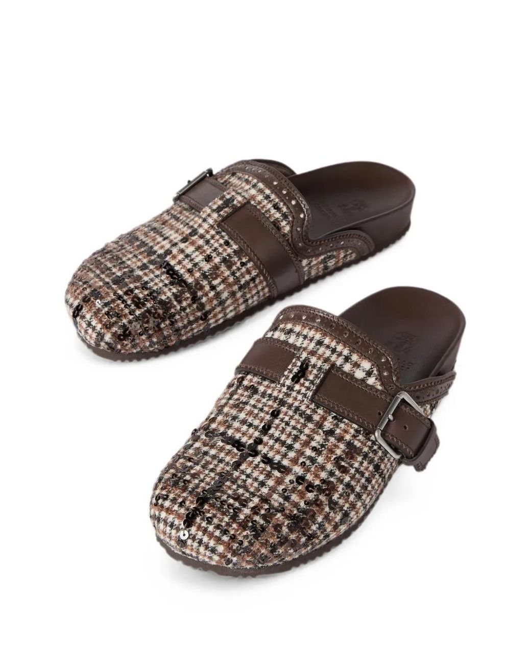 Brunello Cucinelli Brown Water-Resistant Alpaca And Wool Check Slippers With Dazzling Dégradé Embroidery