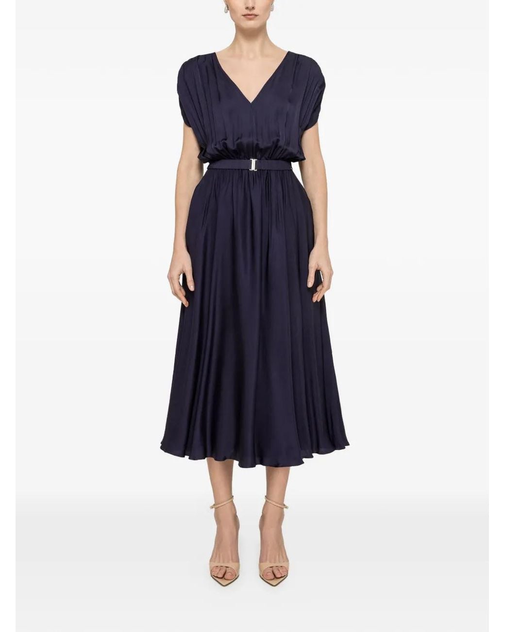 Nissa Blue Robe Mi-Longue Ceinturée À Col V
