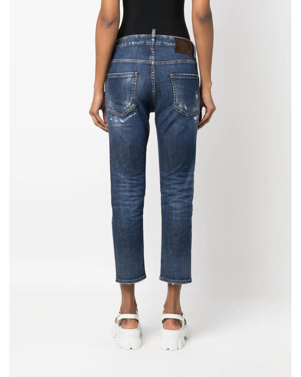 DSquared² Blue Distressed Logo-Patch Cropped Jeans