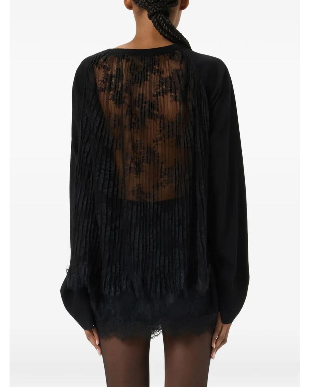 Blumarine Black Pleated Lace-Panel Sweater
