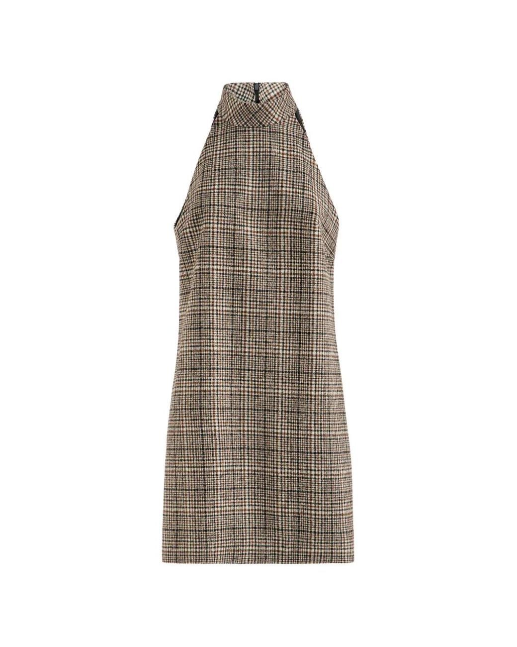 Brunello Cucinelli Natural Checked Alpaca And Wool Dress With Monili