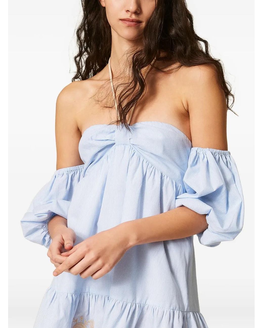 Twinset Blue Robe Rayée À Épaules Dénudées