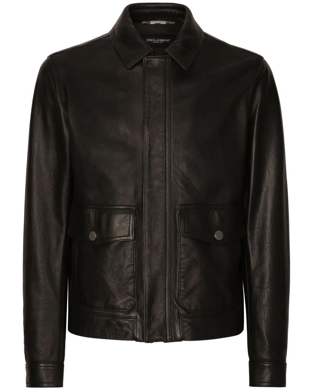 Dolce & Gabbana Black Collared Leather Coat for men