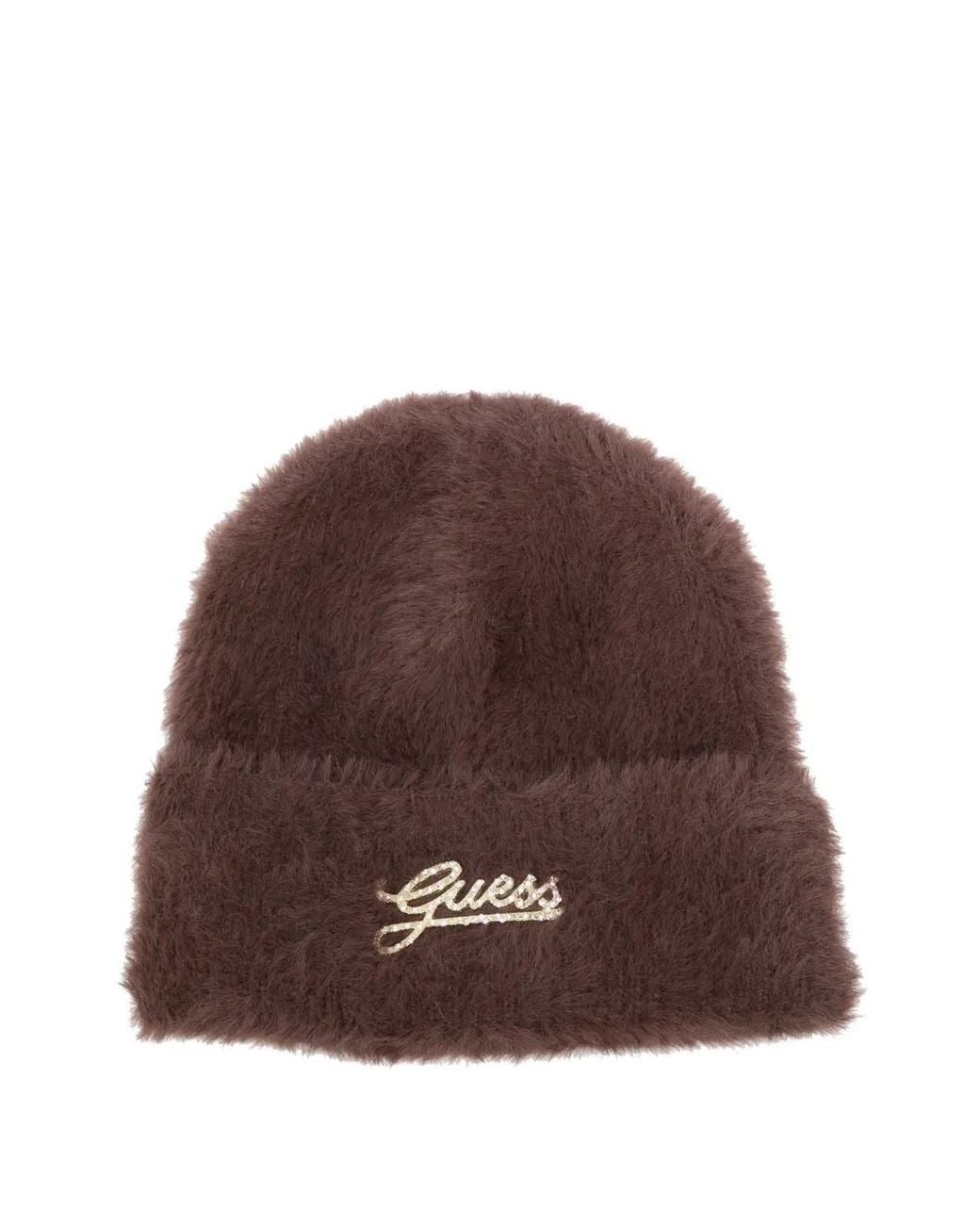 Guess Brown Logo-Plaque Fluffy Beanie Hat