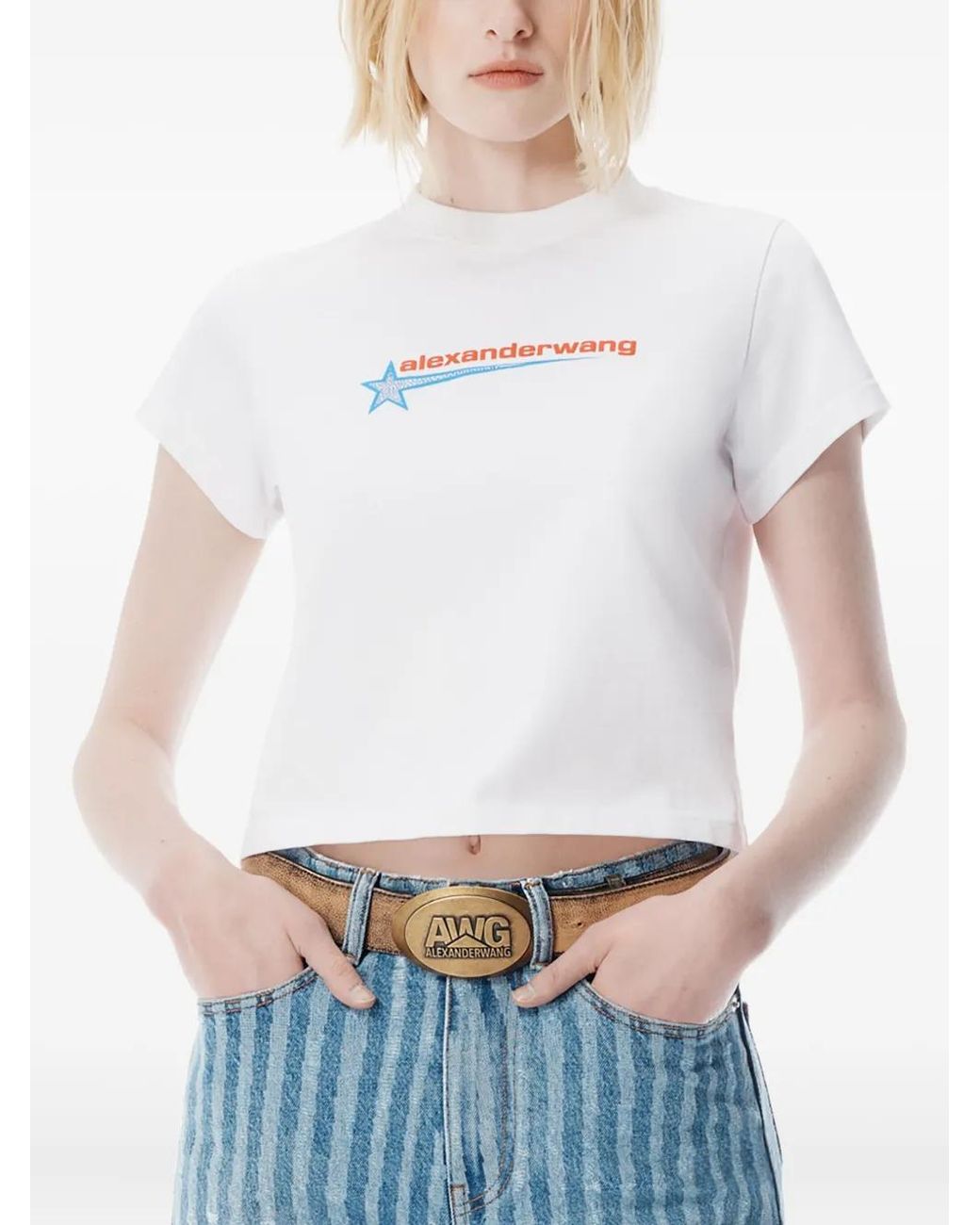 Alexander Wang White Crystal Hotfix Star Jersey T-Shirt Clothing