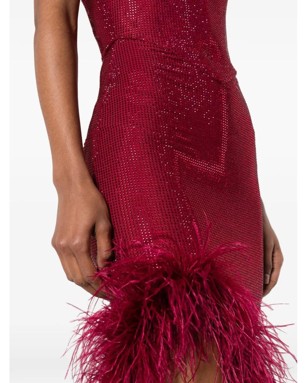 Miron Red Crystal-Embellished Feather-Trim Maxi Dress
