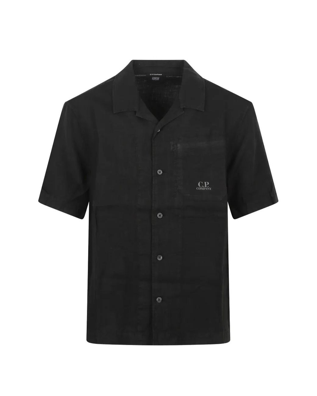 C P Company Black Linen Boxy Short Sleeve Button Shirt for men
