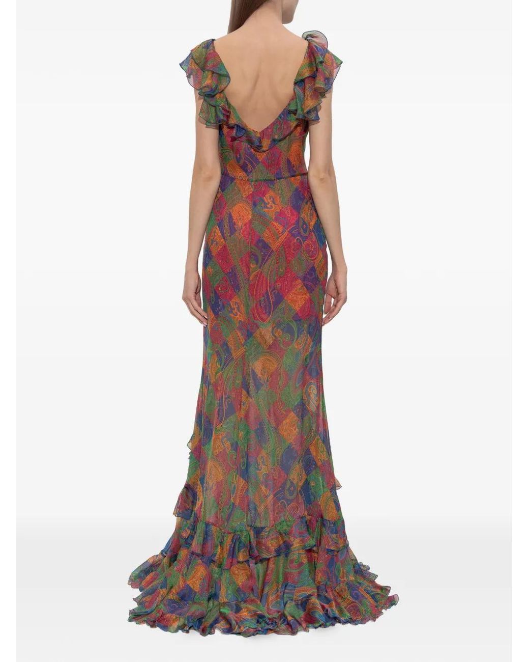 Etro Purple Silk Long Dress With Ruffles And Geometric Paisley Motif