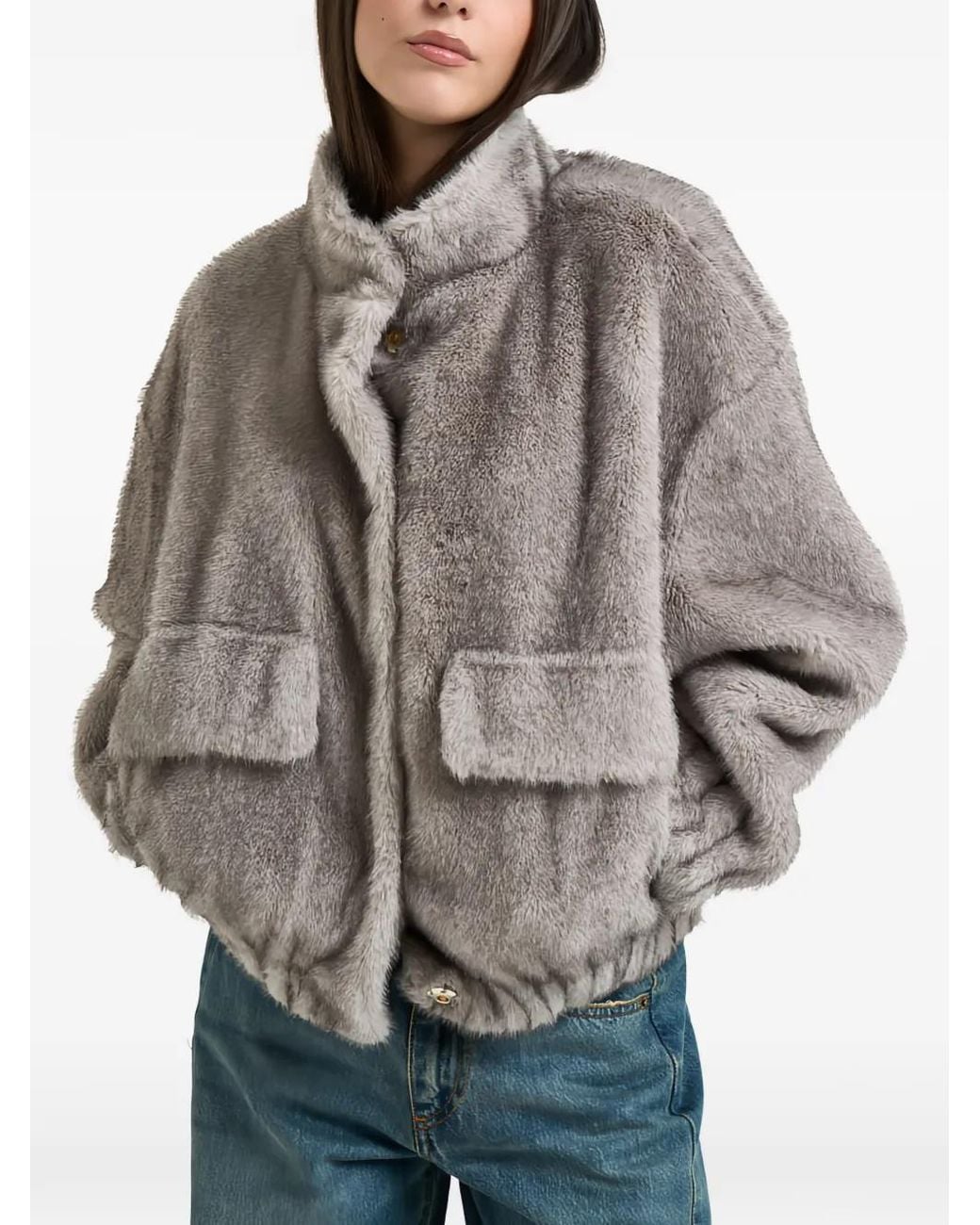Liu Jo Gray Faux-Fur Elasticated-Hem Jacket