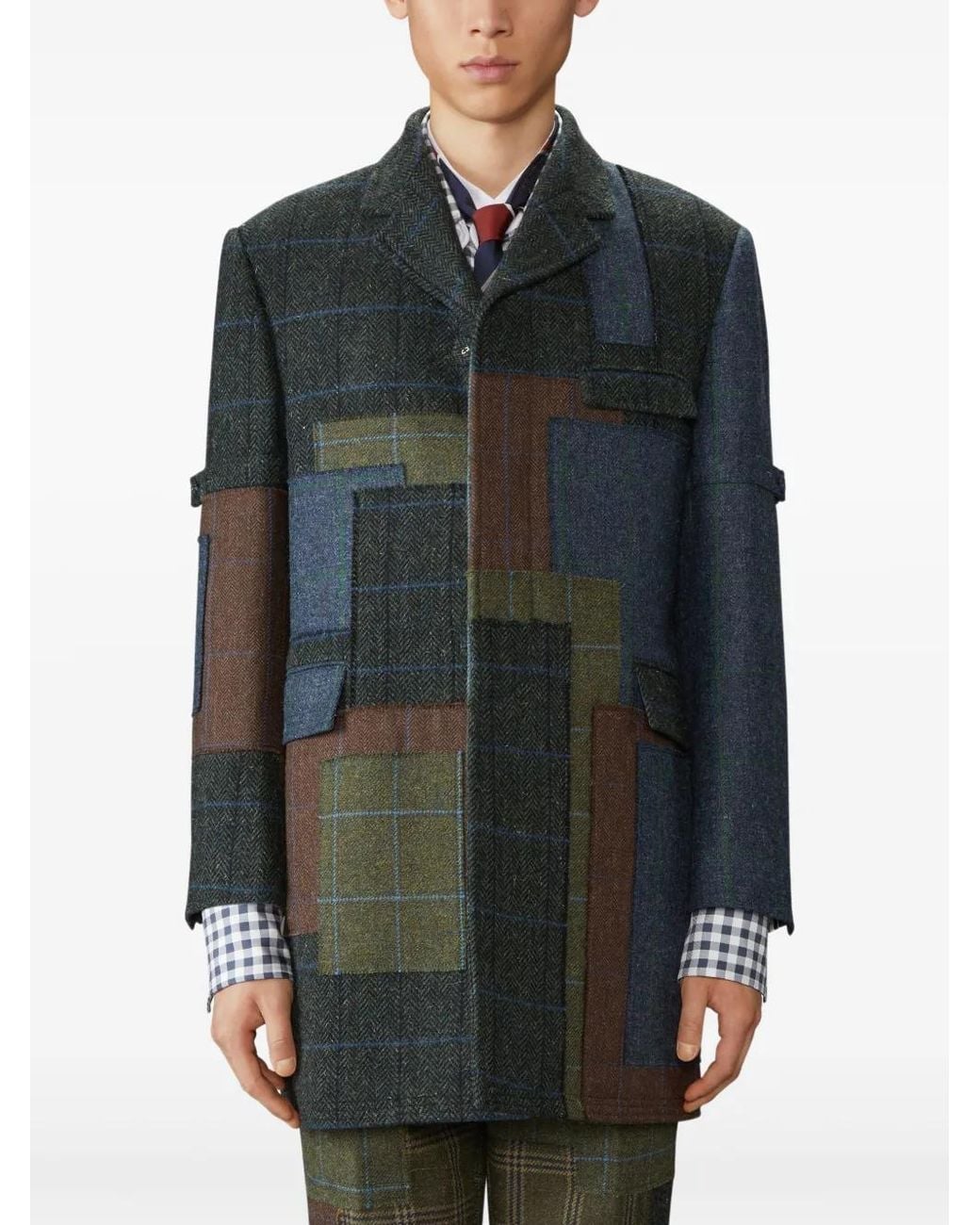 Thom Browne Gray Hunting Tweed Patchwork Coat for men