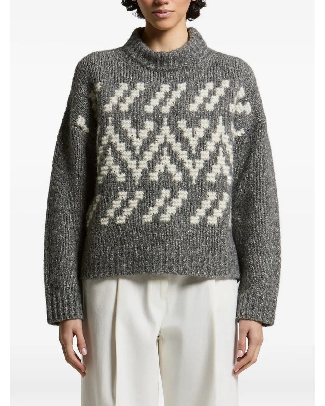 Peserico Gray Sequin-Embellished Intarsia-Knit Sweater