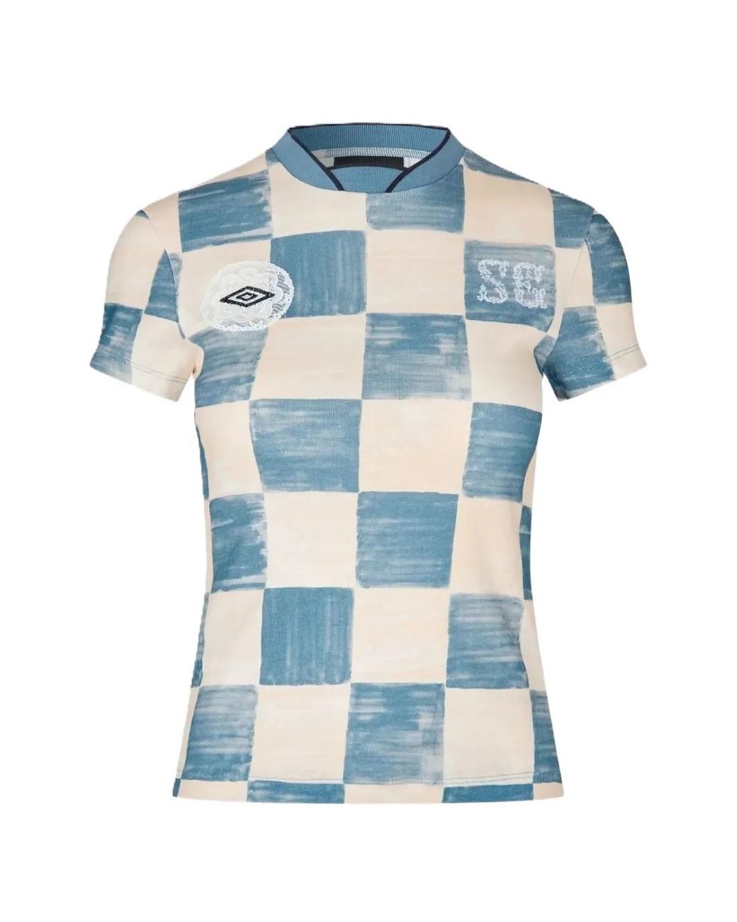 Stine Goya Blue X Umbro Check-Print Logo-Patch Organic Cotton T-Shirt