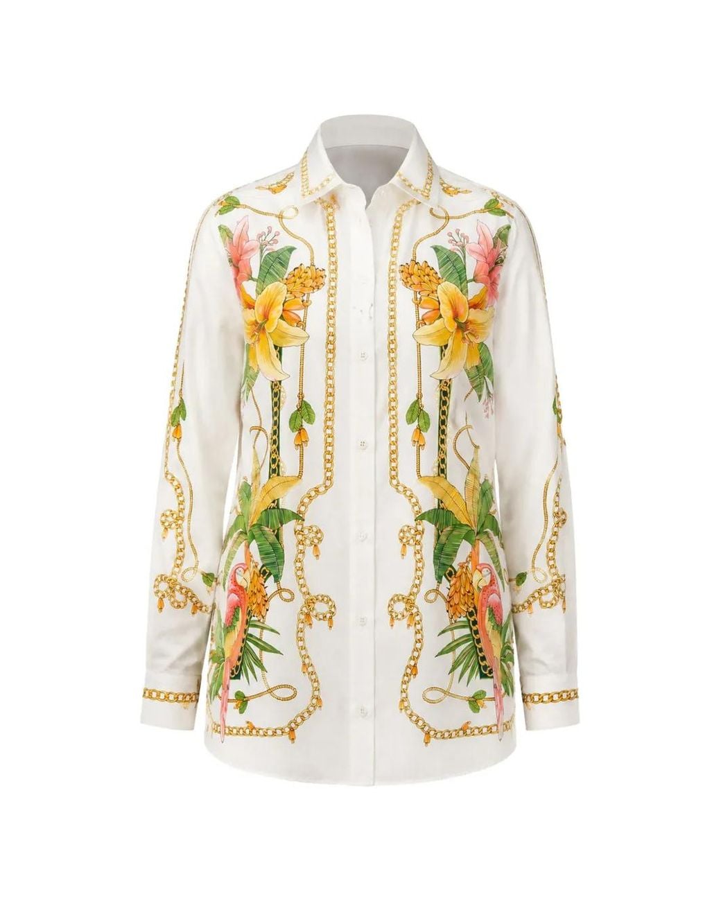 Farm Rio White Chemise Manches Longues À Imprimé Tropical Royalty
