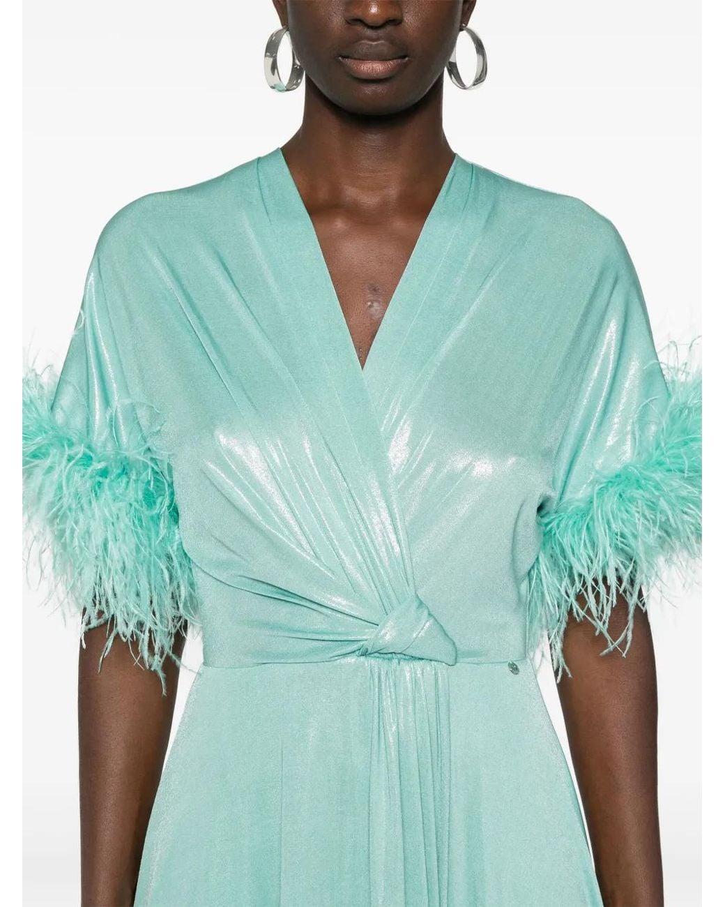 Nissa Green Feather-Trim Lurex Gown