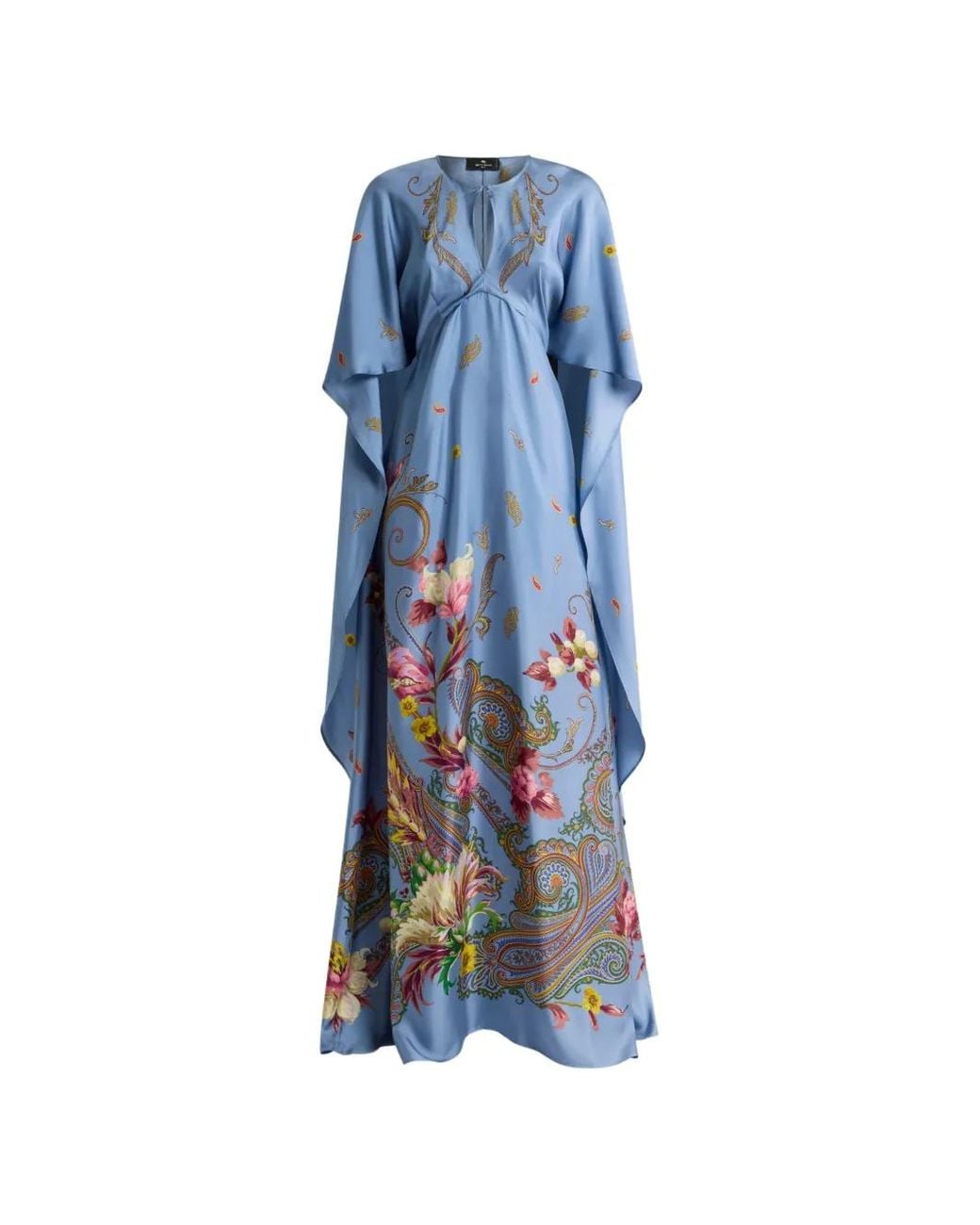 Etro Blue Long Silk Dress With Cape And Placed Floral Paisley Print