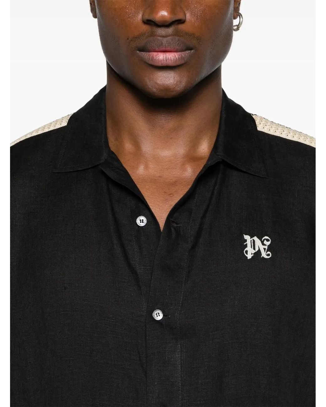 Palm Angels Black Logo-Embroidered Linen Shirt for men