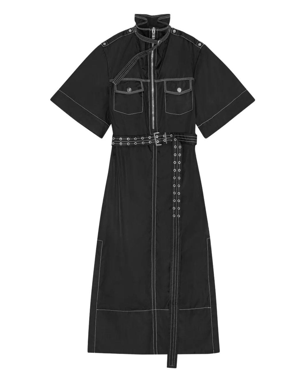 Ganni Black High-Collar Belted Shirt Dress