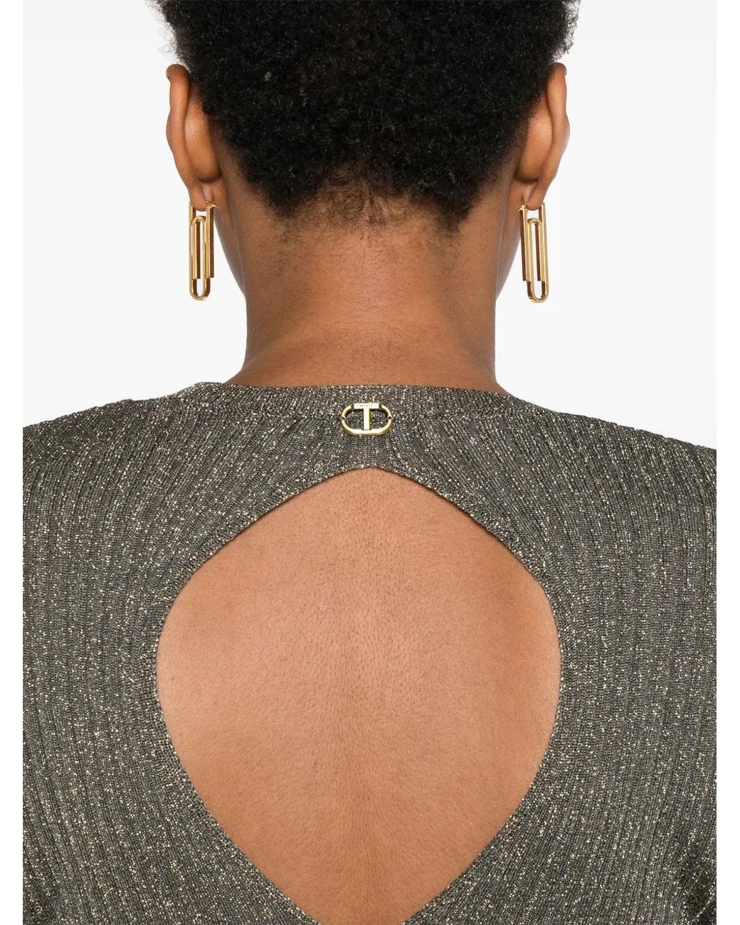 Twinset Gray Lurex-Detail Ribbed Knit Sweater