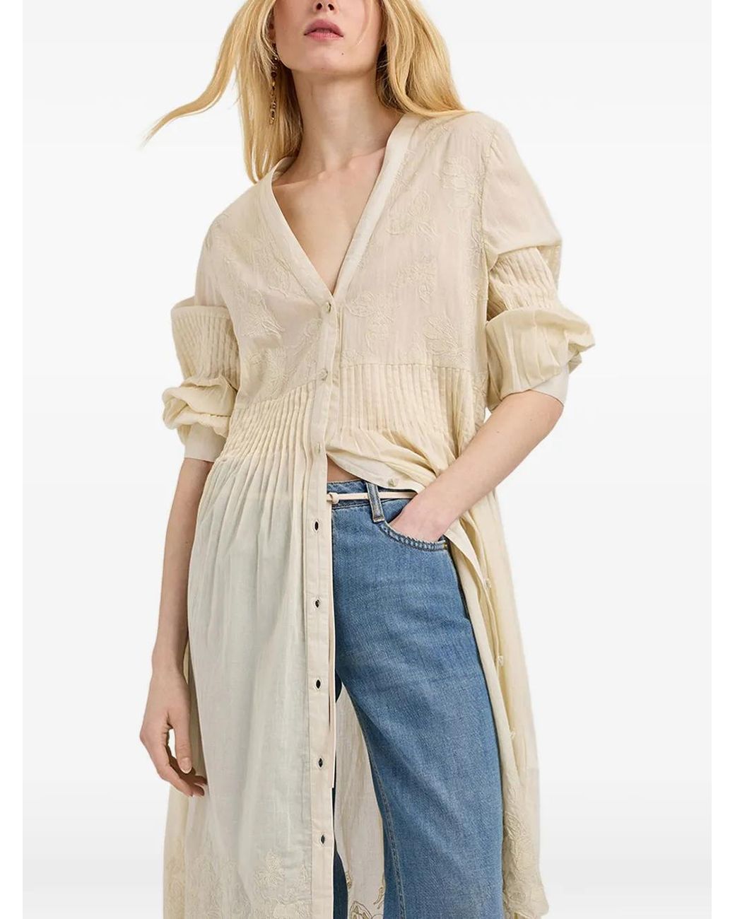 Momoní White Embroidered Micro-Pleated Midi Dress
