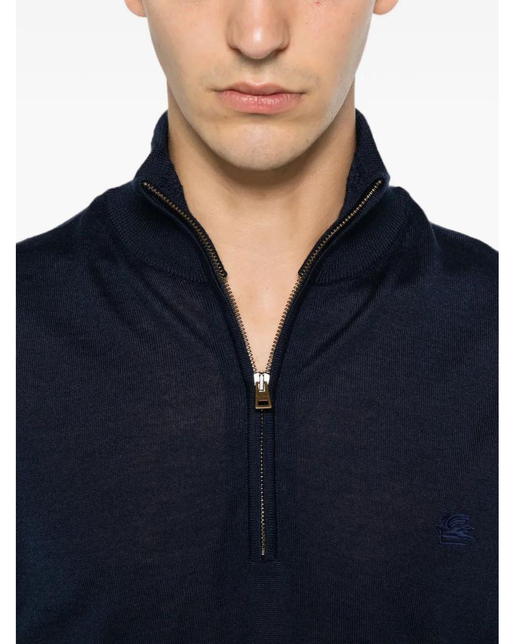 Etro Blue Wool And Silk Blend Half-Zip Sweater With Logo Embroidery for men